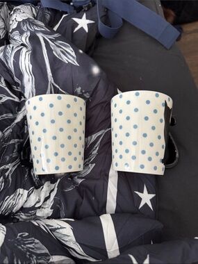 White Ceramic Mugs with Light Blue Polka Dots - Set of 2